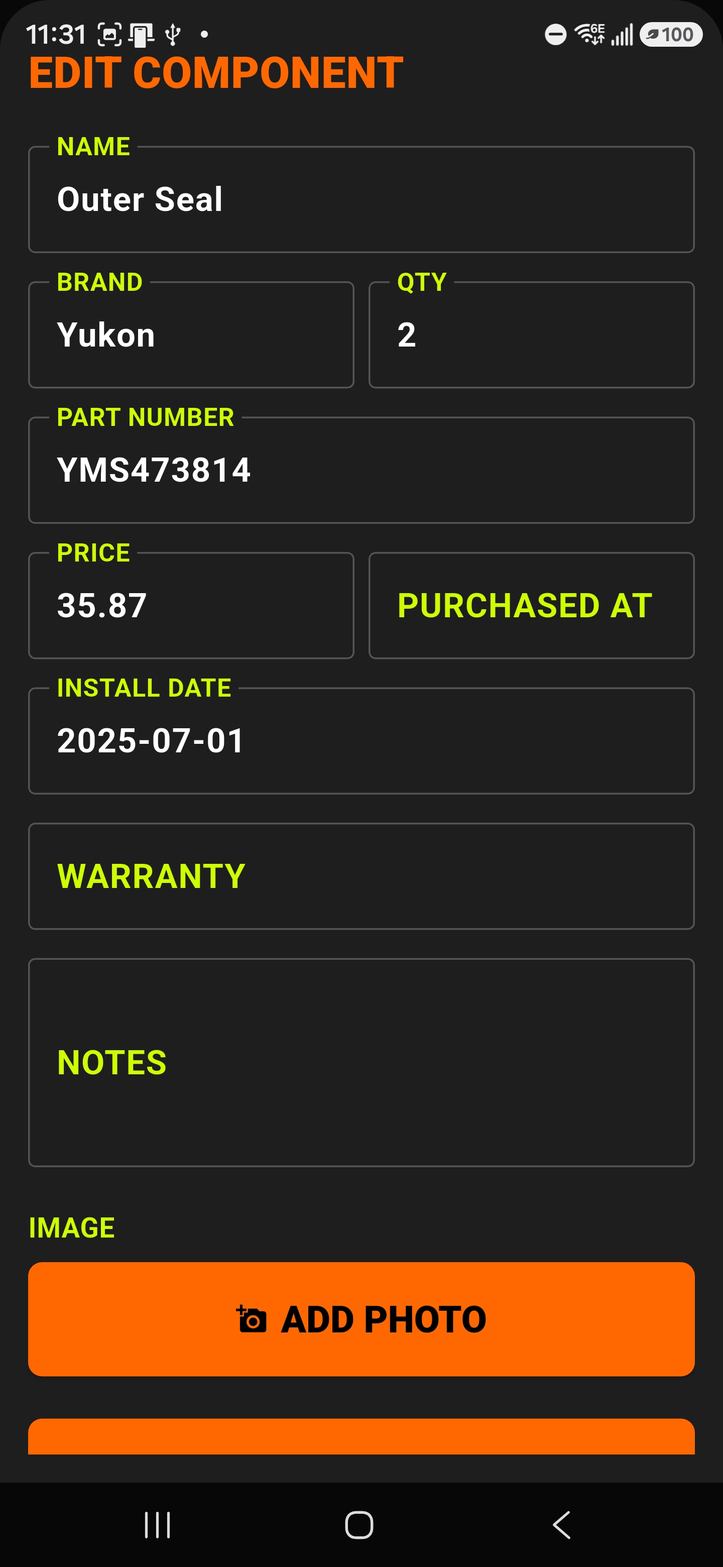 Torque spec detail screen