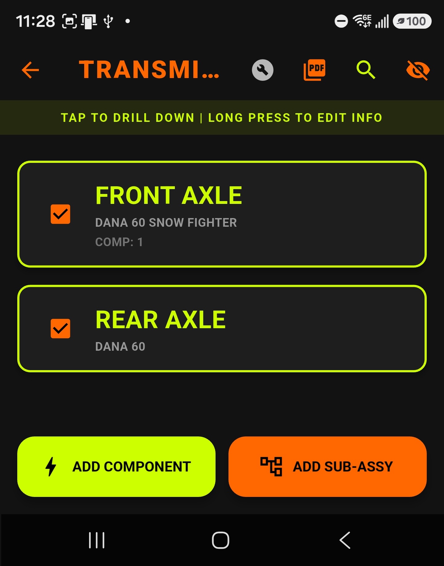Dirty Hands Toolbox vehicle list screen
